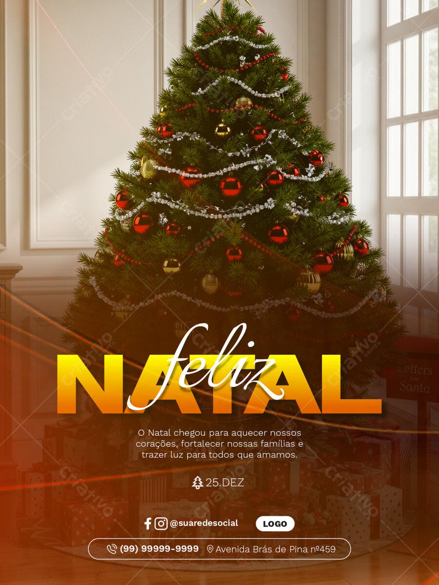 Post de Natal Feliz Natal com Árvore e Presentes PSD Editável