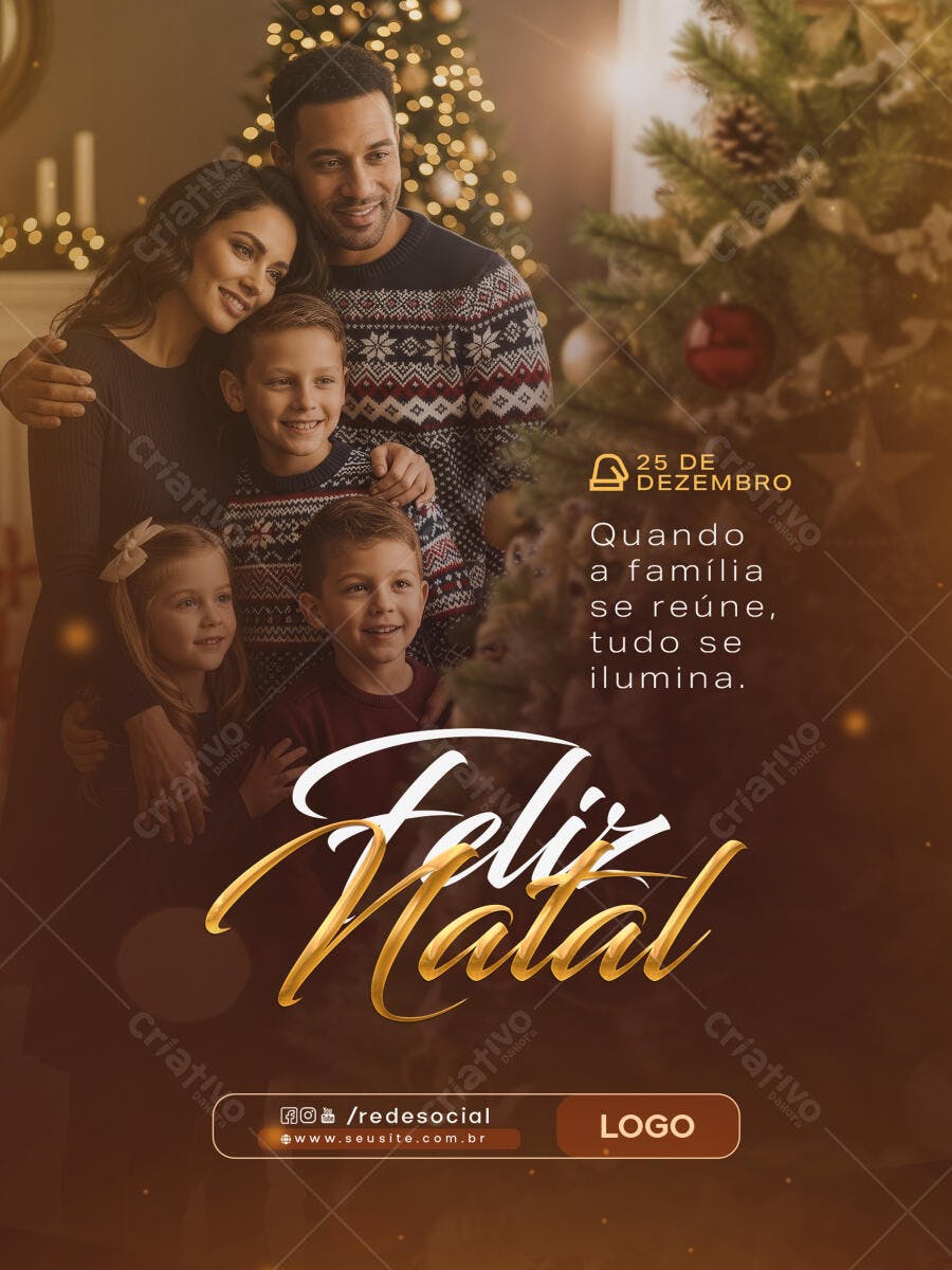 Post Social Natalino Família Feliz Luzes Douradas PSD Editável