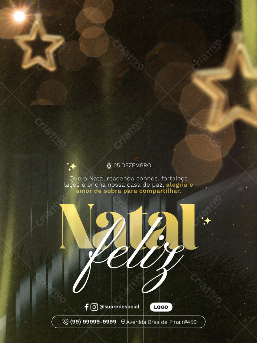 Flyer Natal Feliz com Estrelas e Bokeh Dourado PSD Editável
