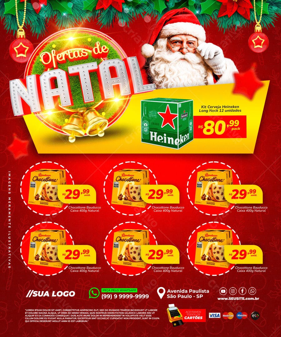 Flyer Ofertas de Natal Cerveja Heineken Chocottone PSD Editável