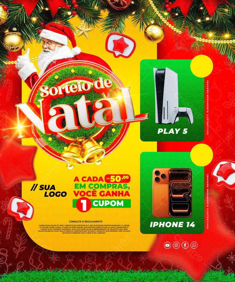 Flyer Sorteio de Natal Papai Noel Play 5 iPhone 14 PSD Editável
