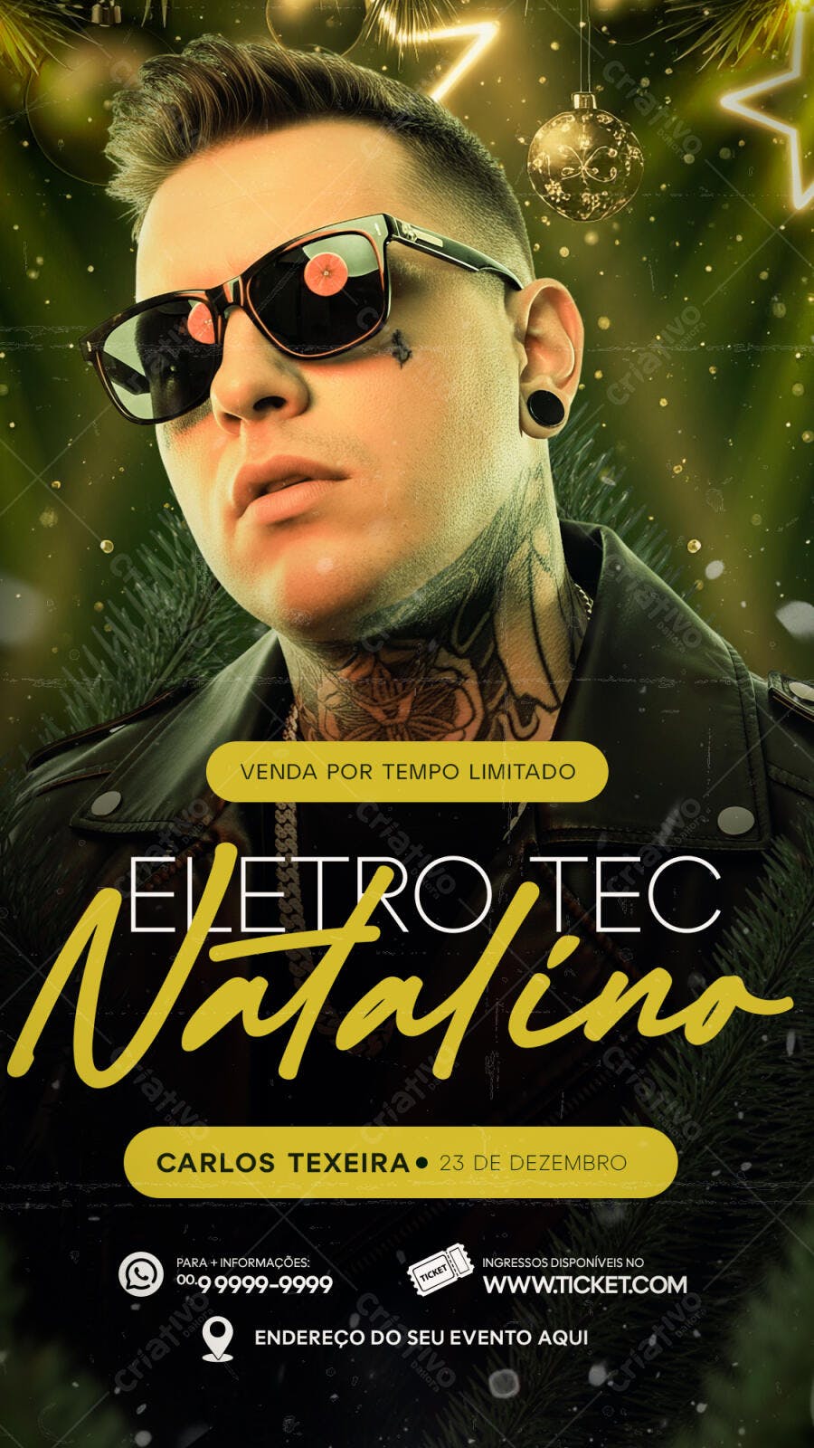 Flyer de Festa Eletro Tec Natalino com DJ Carlos Teixeira PSD Editável
