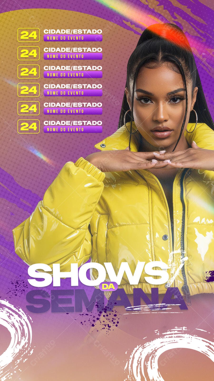 Flyer Shows da Semana Mulher Jaqueta Amarela PSD Editável