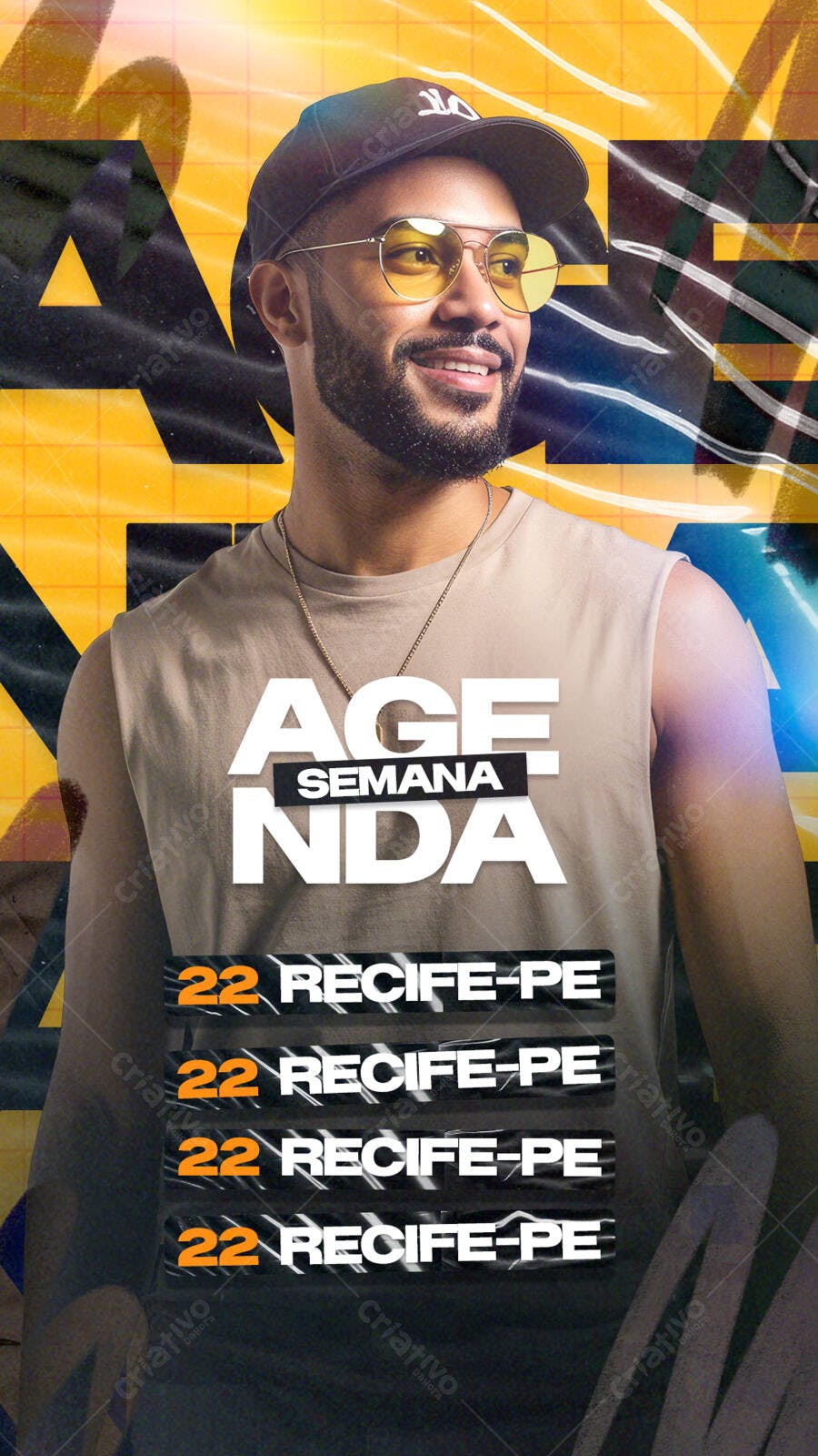 Flyer para Agenda Semana de Eventos com Jovem Negro Óculos Amarelos PSD Editável