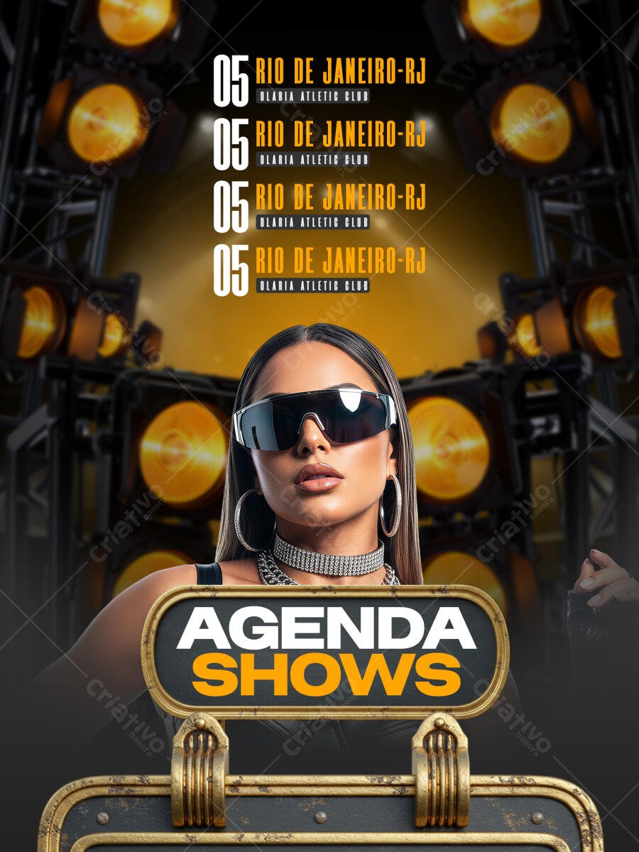 Flyer Agenda Shows Rio Mulher Estilosa Balada Luzes Palco PSD Editável