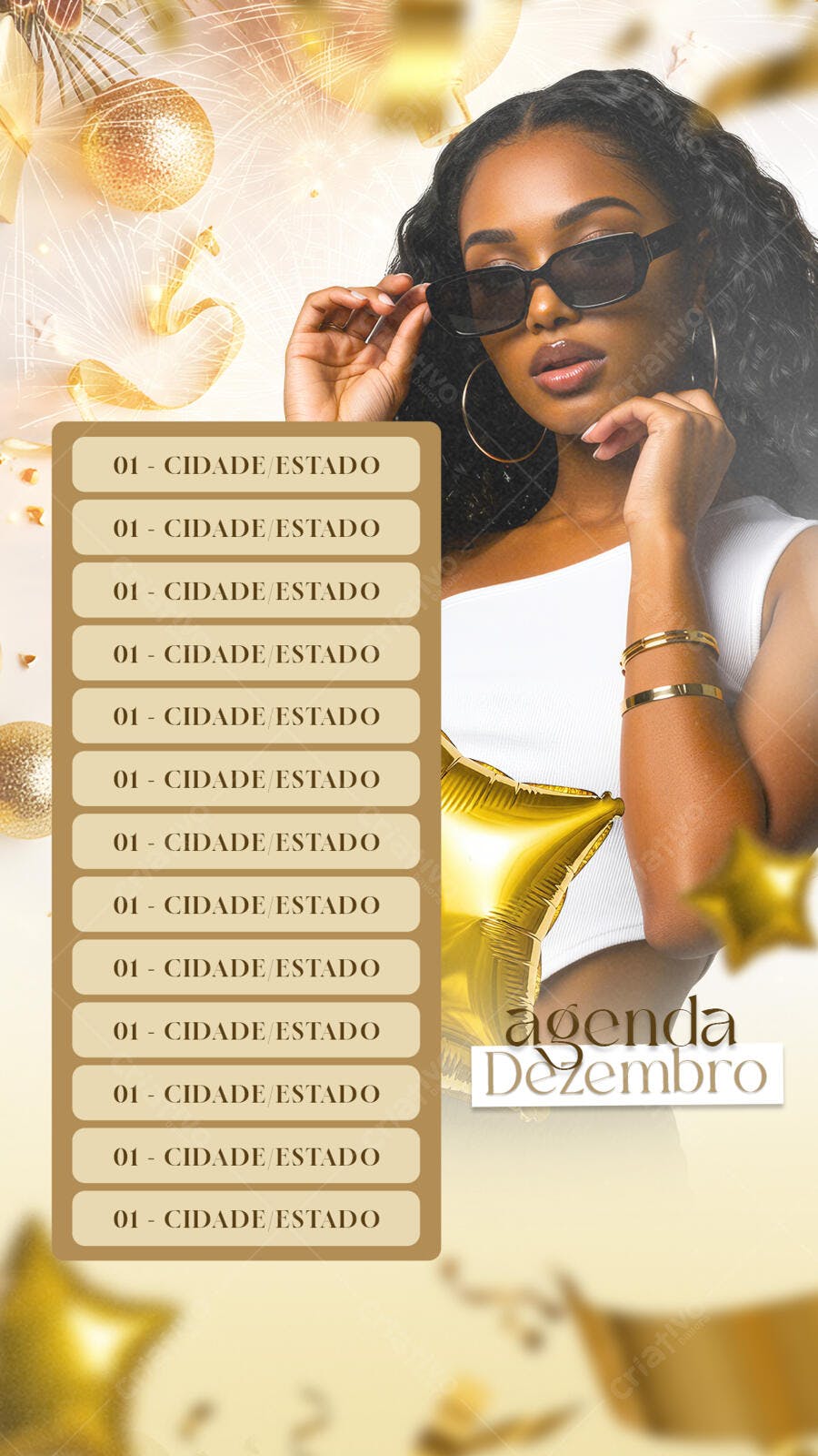 Story Agenda Dezembro com Modelo Negra e Balões Dourados PSD Editável