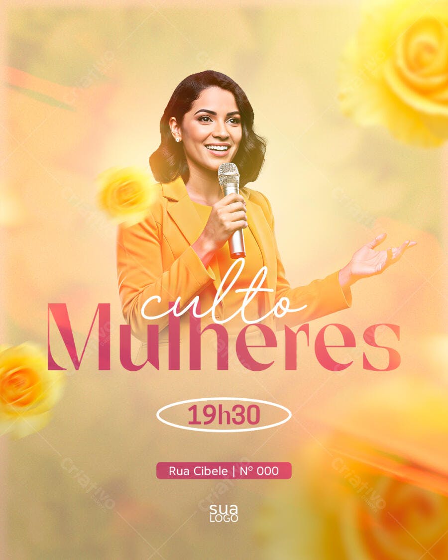Flyer Amarelo Culto Mulheres com Palestrante Sorridente PSD Editável