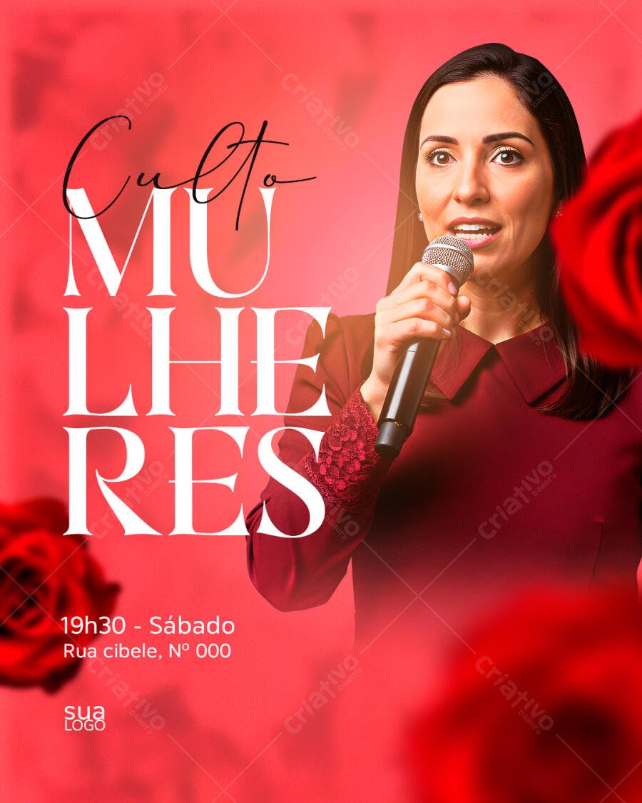 Flyer Mulheres Cristãs com Palestrante e Rosas Vermelhas PSD Editável