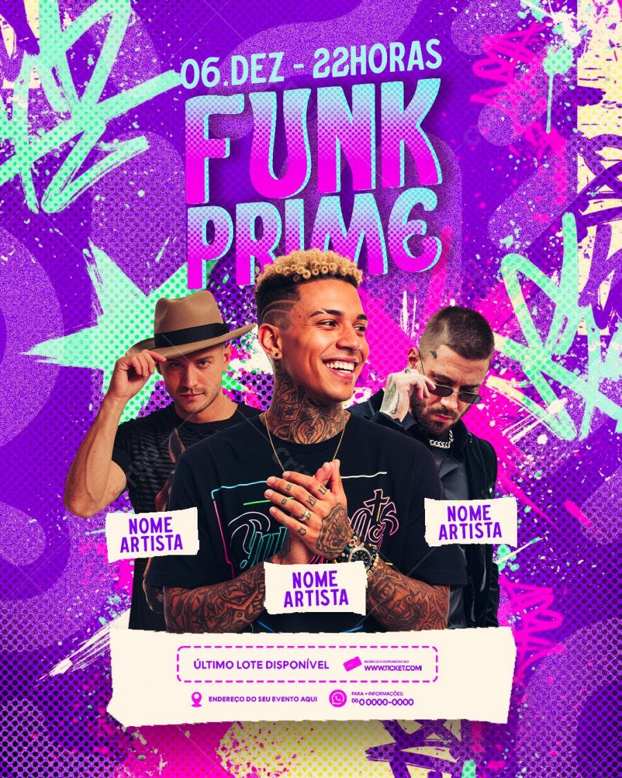 Flyer de Festa Funk Prime Artistas Roxo Neon PSD Editável