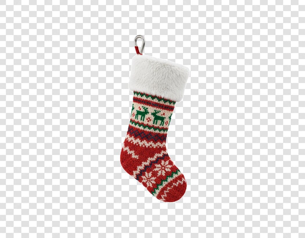 Meia de Natal decorativa malha renas flocos vermelho branco PNG com fundo transparente