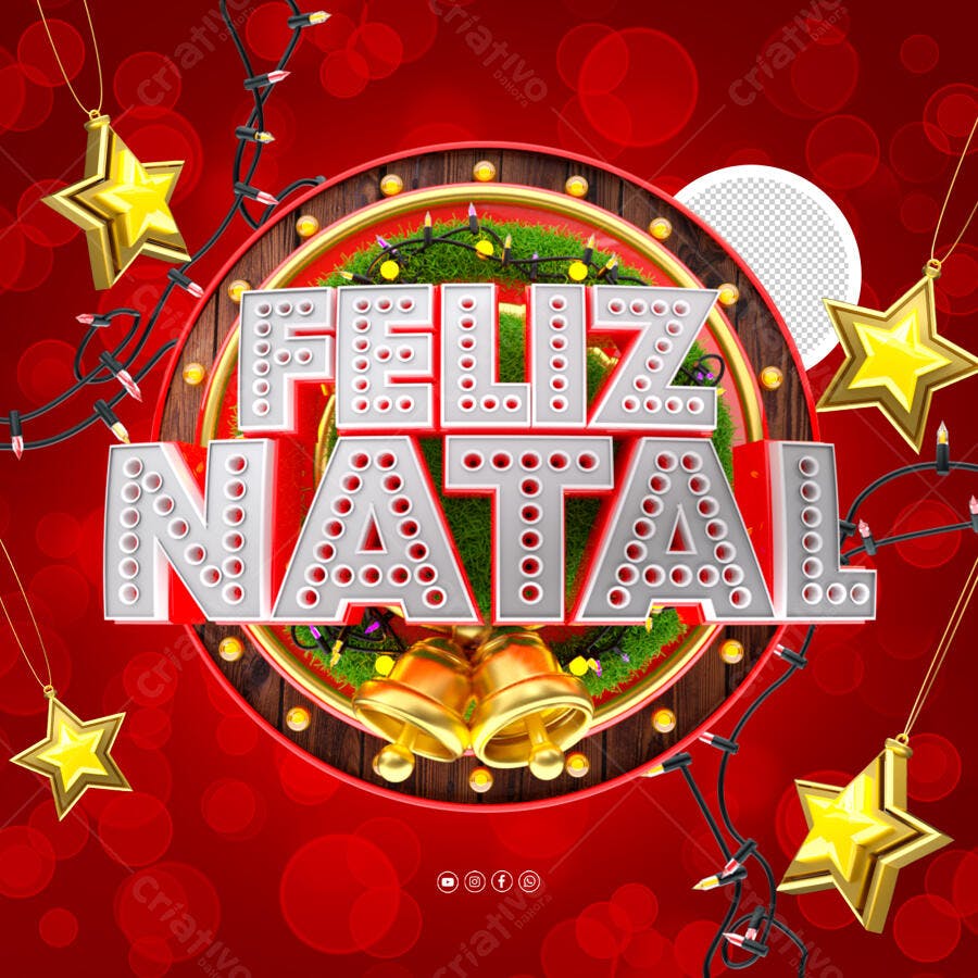 Arte Digital Feliz Natal com Sinos e Guirlanda PSD Editável