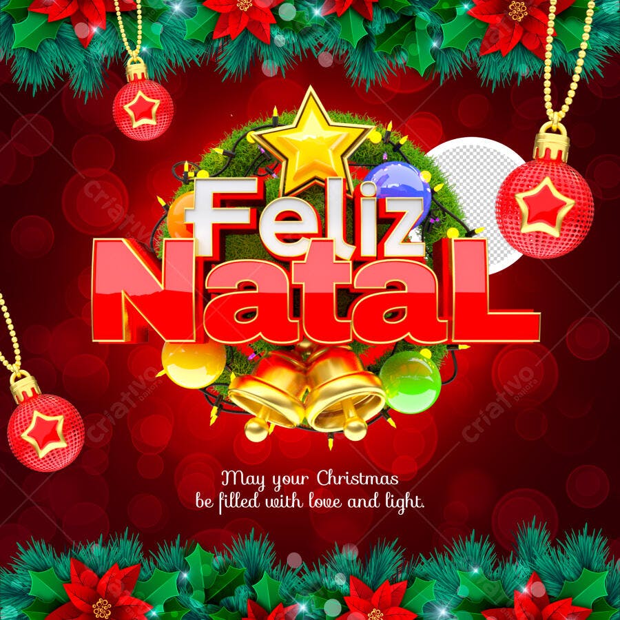 Post de Natal Feliz Natal com Guirlanda e Sinos PSD Editável