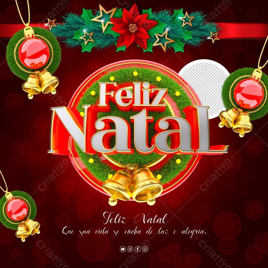 Post para Redes Sociais Festivo Feliz Natal com Sino e Guirlanda PSD Editável