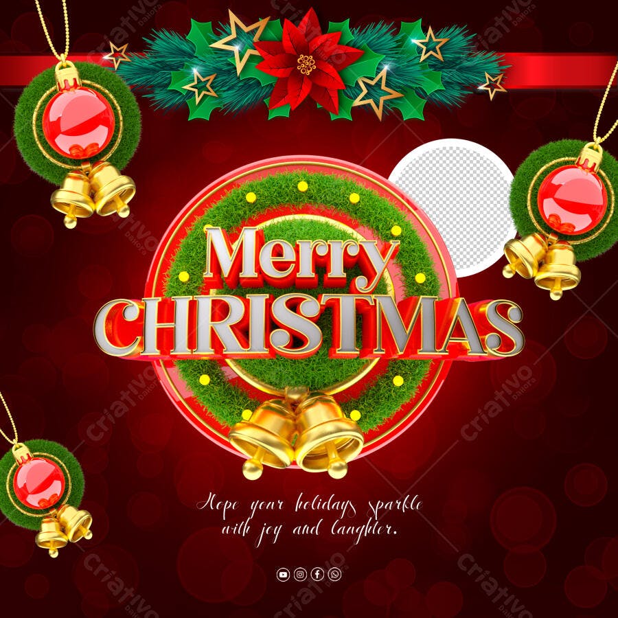 Post Redes Sociais Feliz Natal com Sinos Dourados PSD Editável