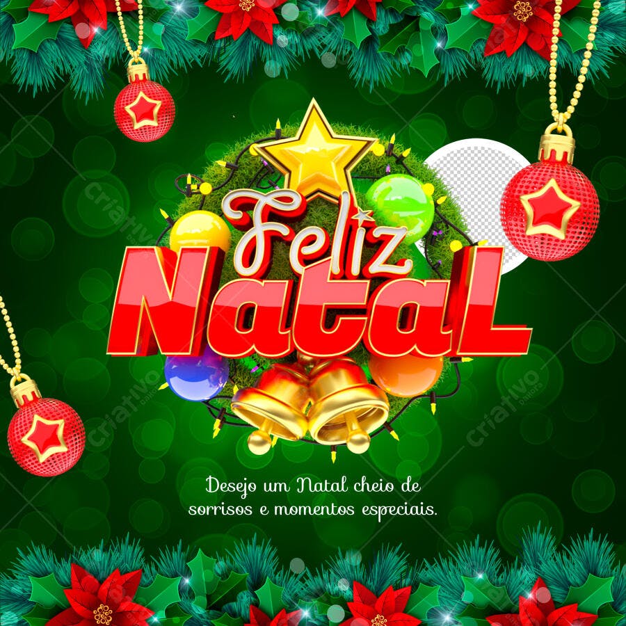 Post Redes Sociais Feliz Natal com Guirlanda e Sinos Dourados PSD Editável