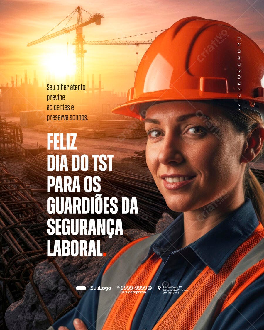 Flyer Dia do TST Mulher Técnica em Segurança Capacete Laranja PSD Editável