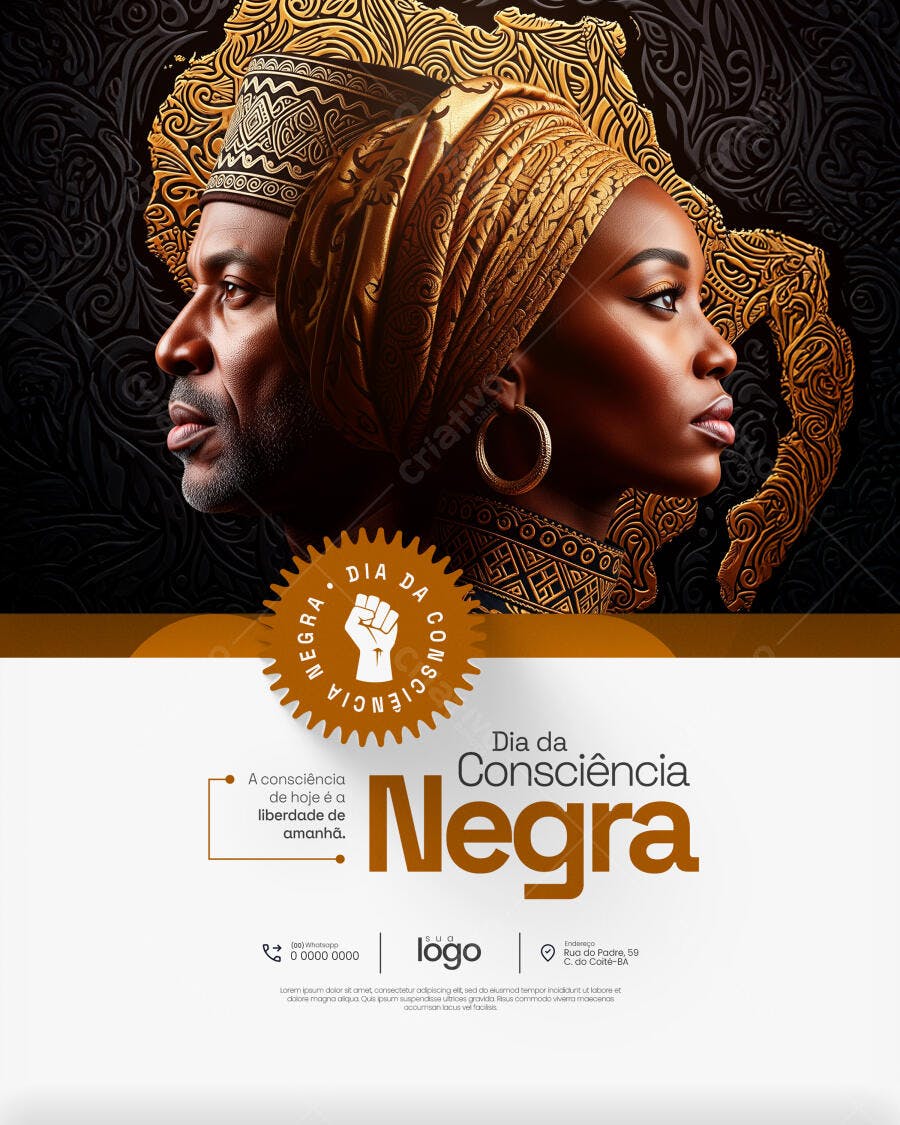 Flyer Dia da Consciência Negra Casal Afro Dourado PSD Editável