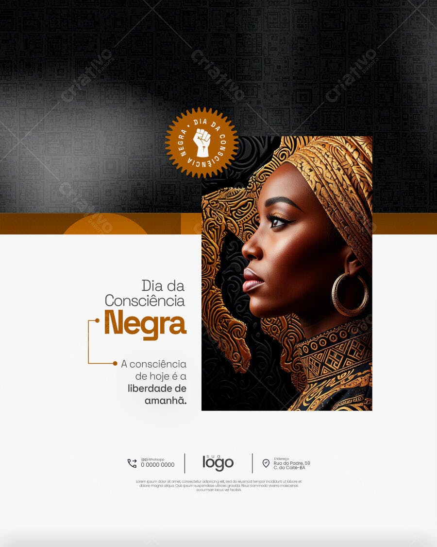 Flyer Dia da Consciência Negra Mulher Afro Dourado PSD Editável