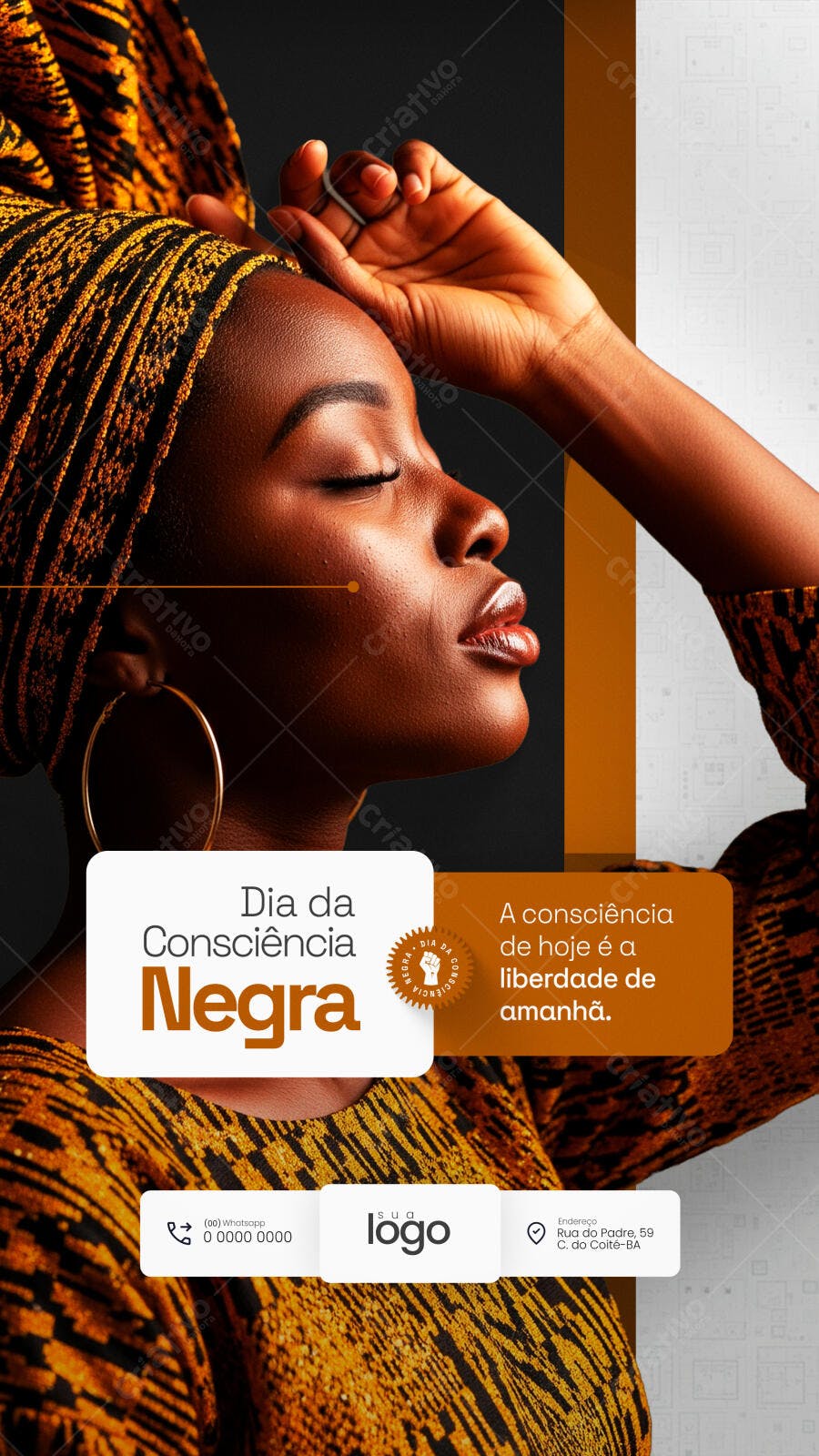 Flyer Dia Consciência Negra Mulher Afro Turbante Preto e Ouro PSD Editável