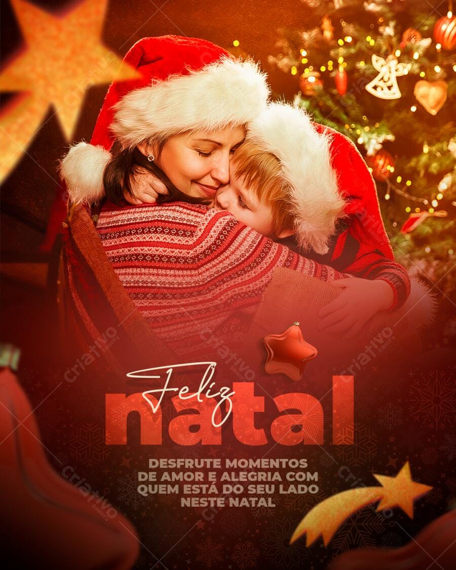 Flyer de Feliz Natal Mãe e Filho Abraçados Gorros Vermelhos PSD Editável