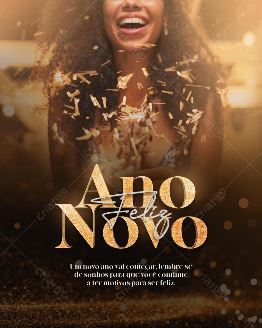 Flyer Ano Novo Feliz Mulher Celebrando Dourado PSD Editável
