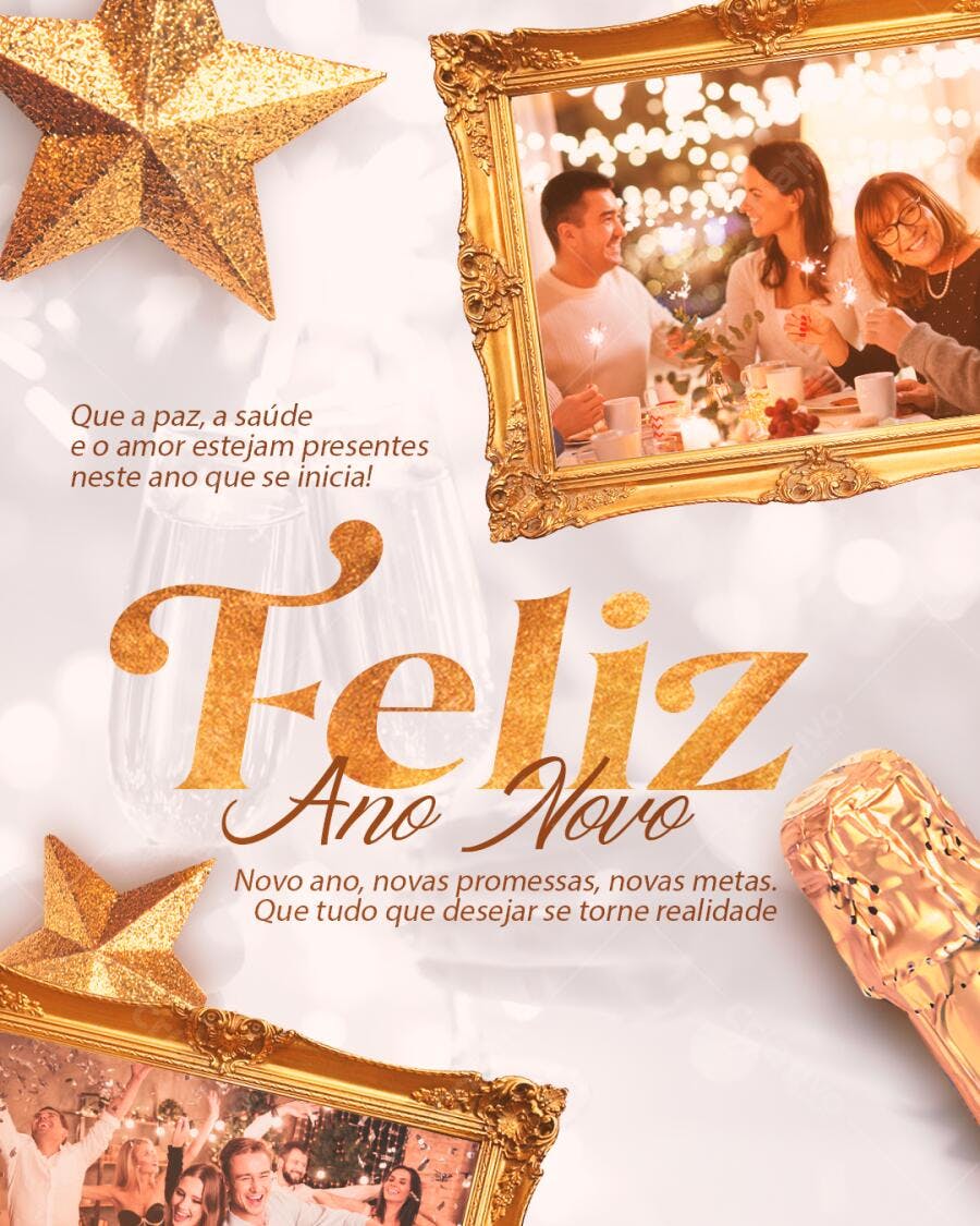 Post Social de Ano Novo Dourado com Amigos e Mensagens PSD Editável