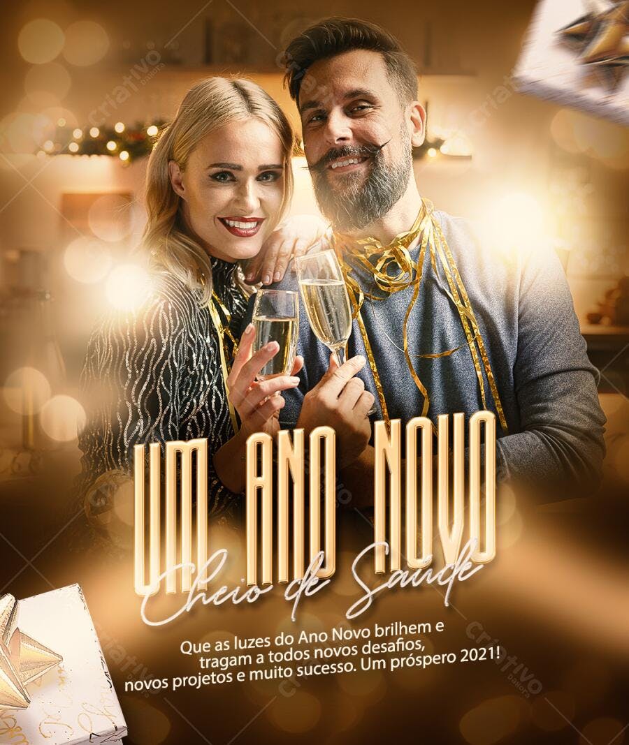 Flyer de Ano Novo Casal 'Um Ano Novo Cheio de Saúde' PSD Editável