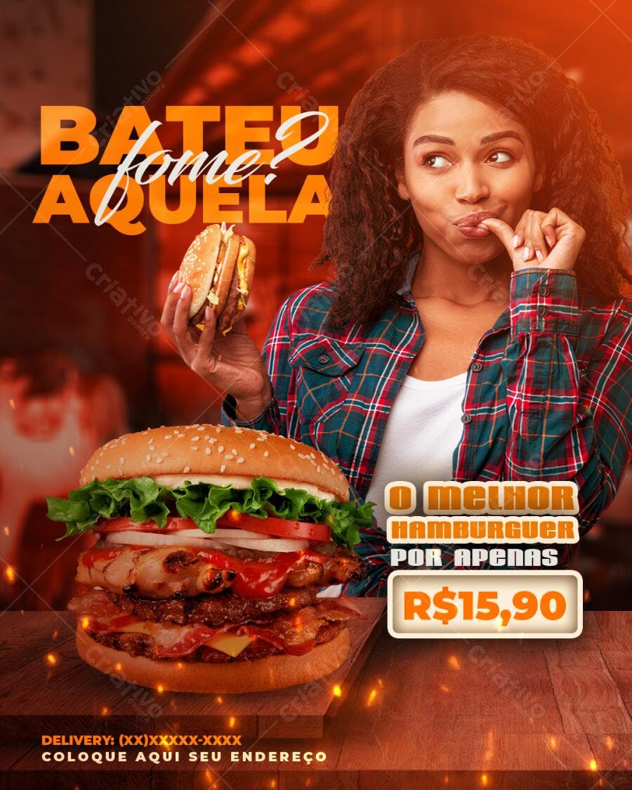 Flyer "Bateu Fome?" de Hambúrguer PSD Editável