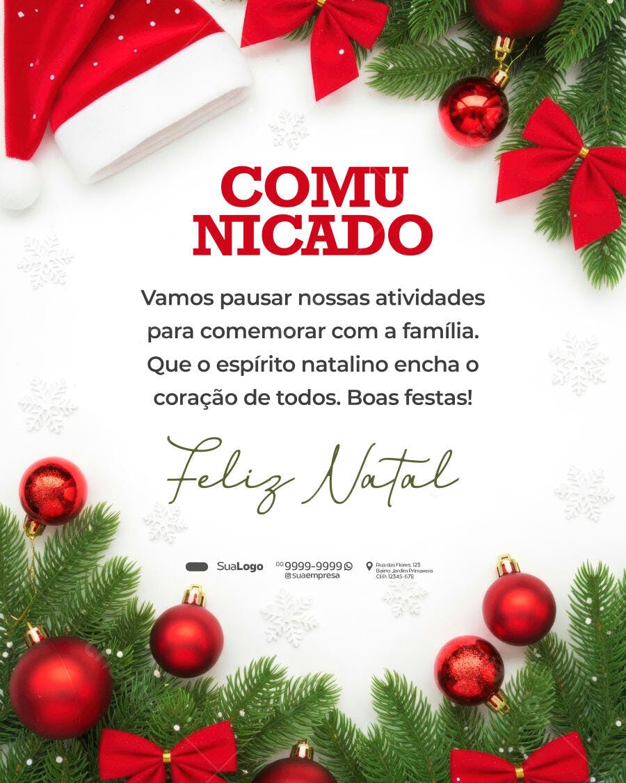Comunicado de Natal com Gorro Pinhas Bolas Vermelhas PSD Editável