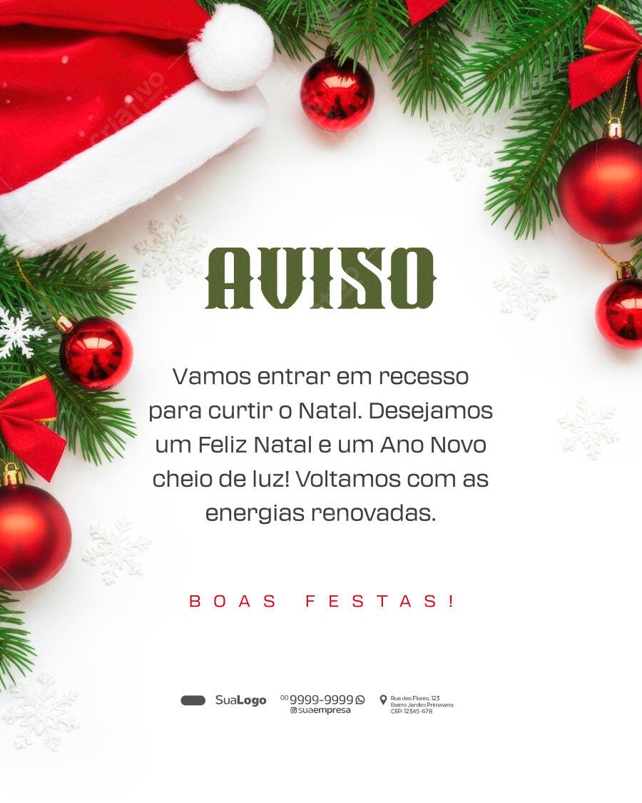 Flyer para Recesso Natalino Aviso Boas Festas PSD Editável