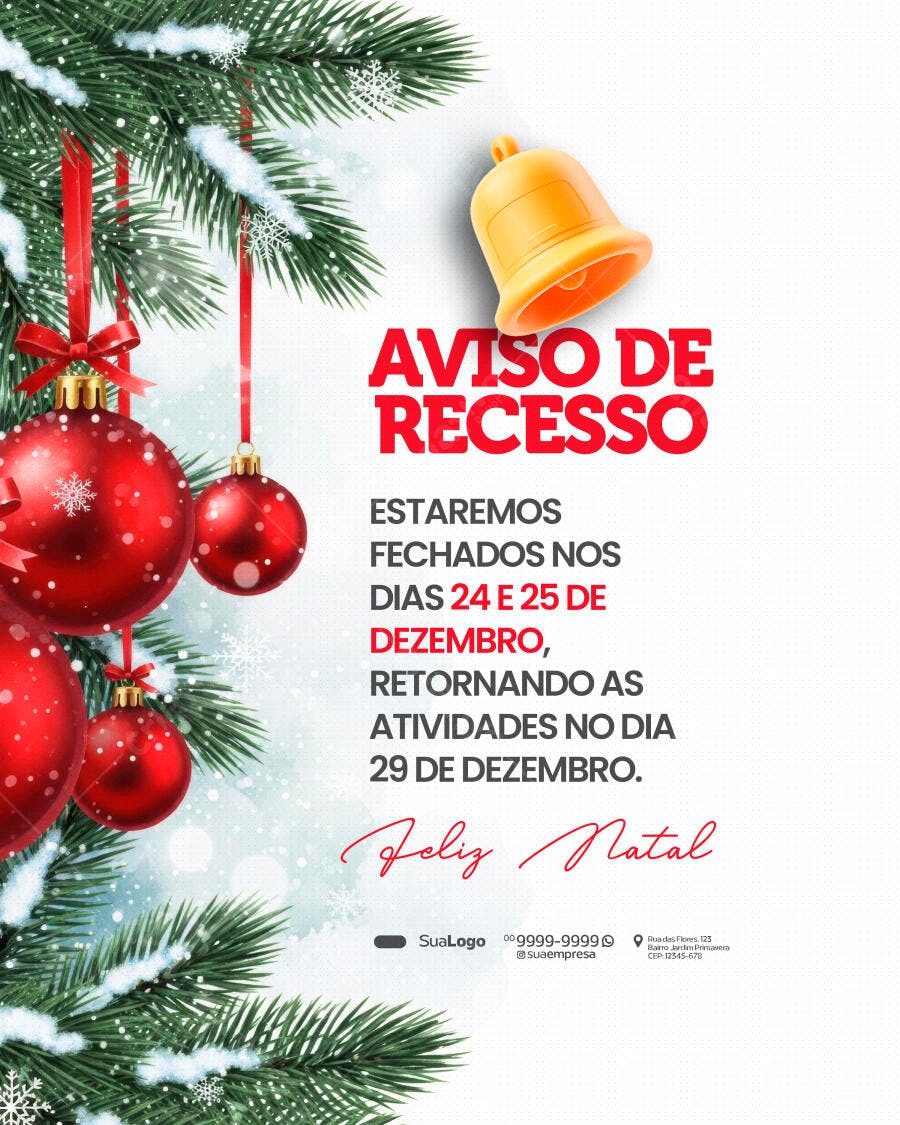 Flyer Aviso de Recesso Natalino com Pinheiros e Bolas Vermelhas PSD Editável