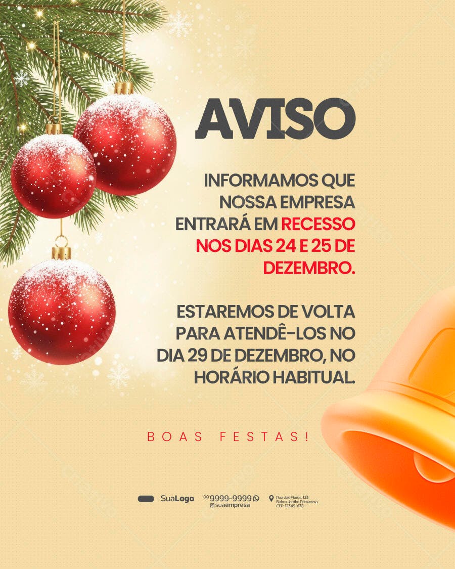 Flyer Aviso de Recesso Natalino para Lojas e Empresas PSD Editável