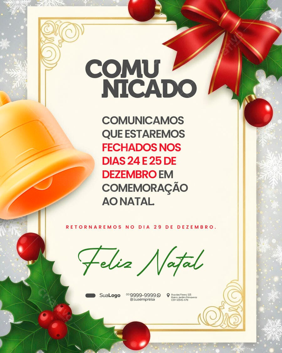 Comunicado de Natal Fechamento Dias 24 e 25 Dezembro PSD Editável