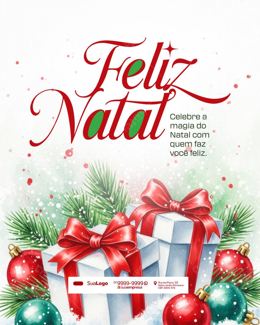 Flyer Feliz Natal com Presentes e Bolas PSD Editável