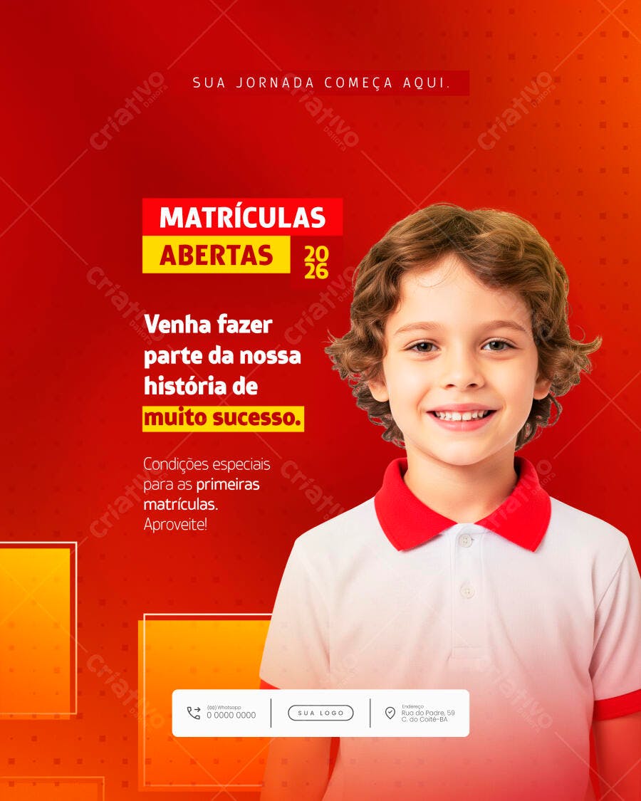 Flyer Matrículas Abertas 2026 com Menino Sorridente PSD Editável