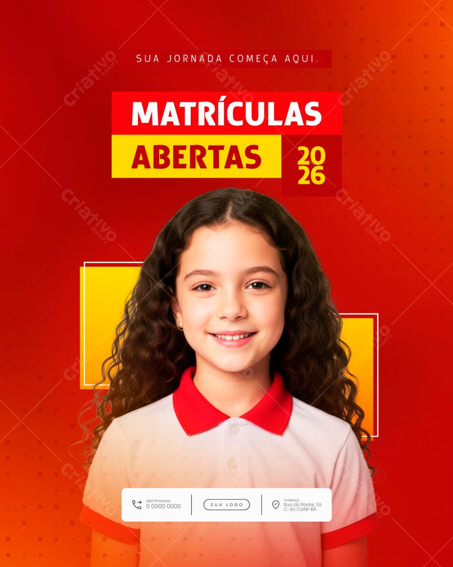 Flyer Matrículas Abertas 2026 Escola Criança Sorrindo PSD Editável