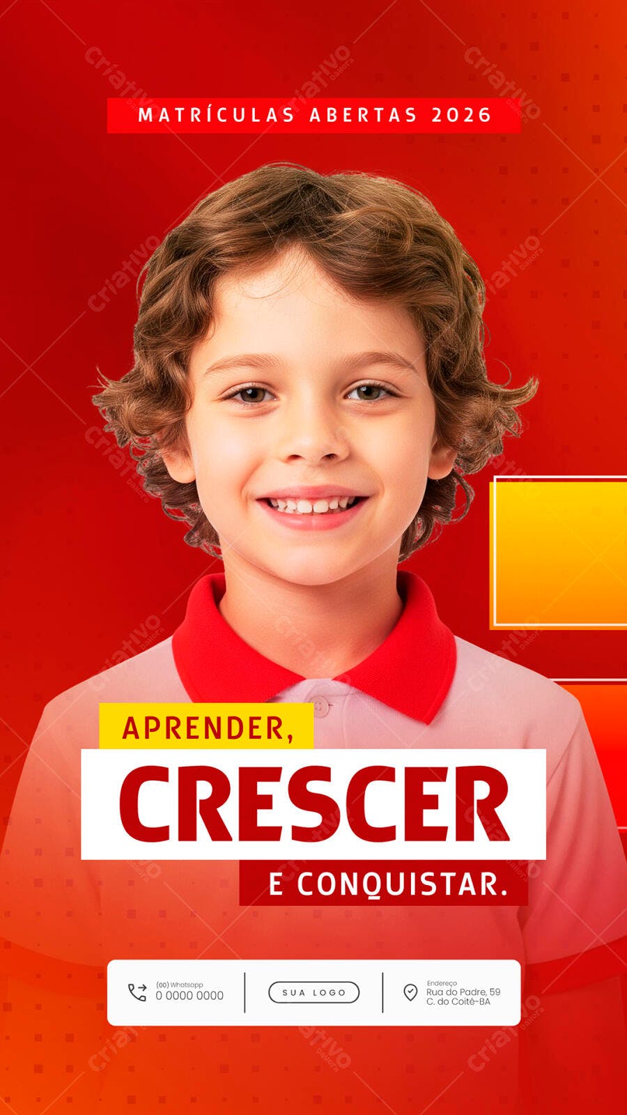 Post para Matrículas Abertas 2026 Escola com Menino Sorrindo PSD Editável