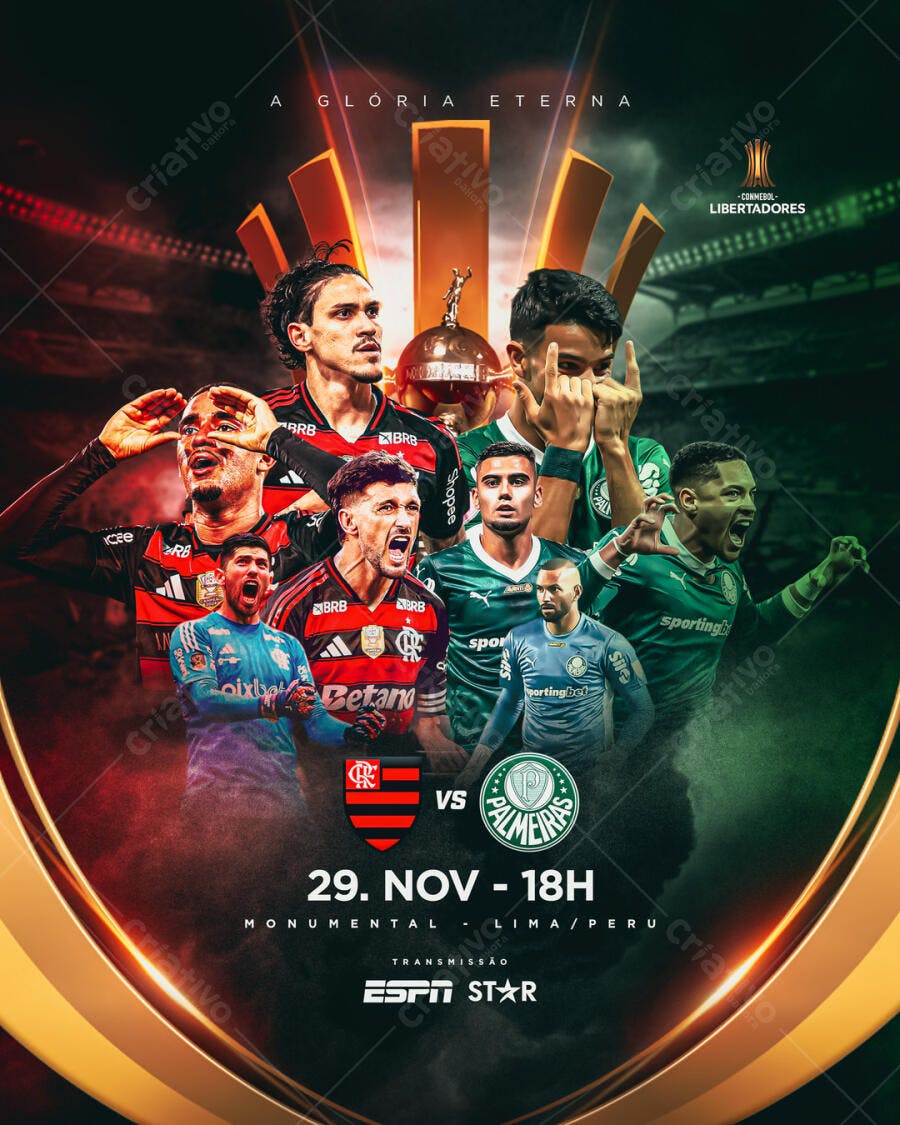 Flyer Futebol Final Copa Libertadores Flamengo Palmeiras PSD Editável