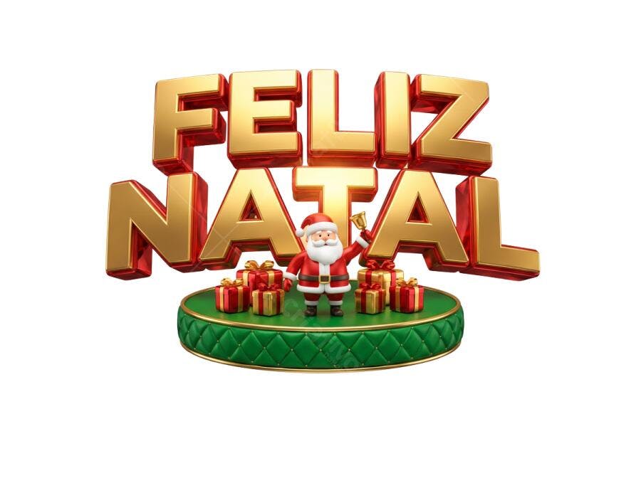 Selo 3D festivo Feliz Natal dourado metalizado com Papai Noel e presentes