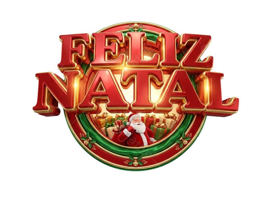 Selo 3D natalino metalizado dourado com Papai Noel e presentes vermelhos e verdes