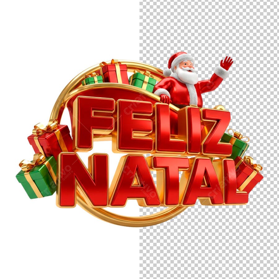 Selo 3D Feliz Natal festivo dourado vermelho com Papai Noel e presentes