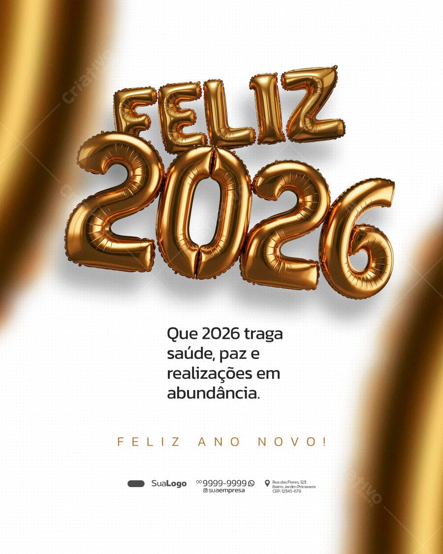 Flyer Digital Feliz Ano Novo 2026 Balões Dourados PSD Editável
