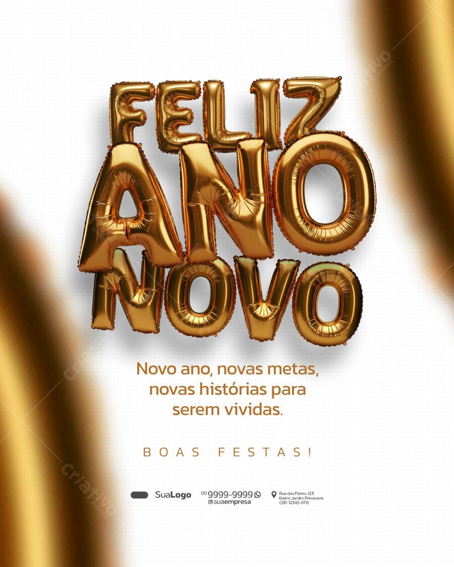 Post Redes Sociais Feliz Ano Novo Balões Dourados PSD Editável