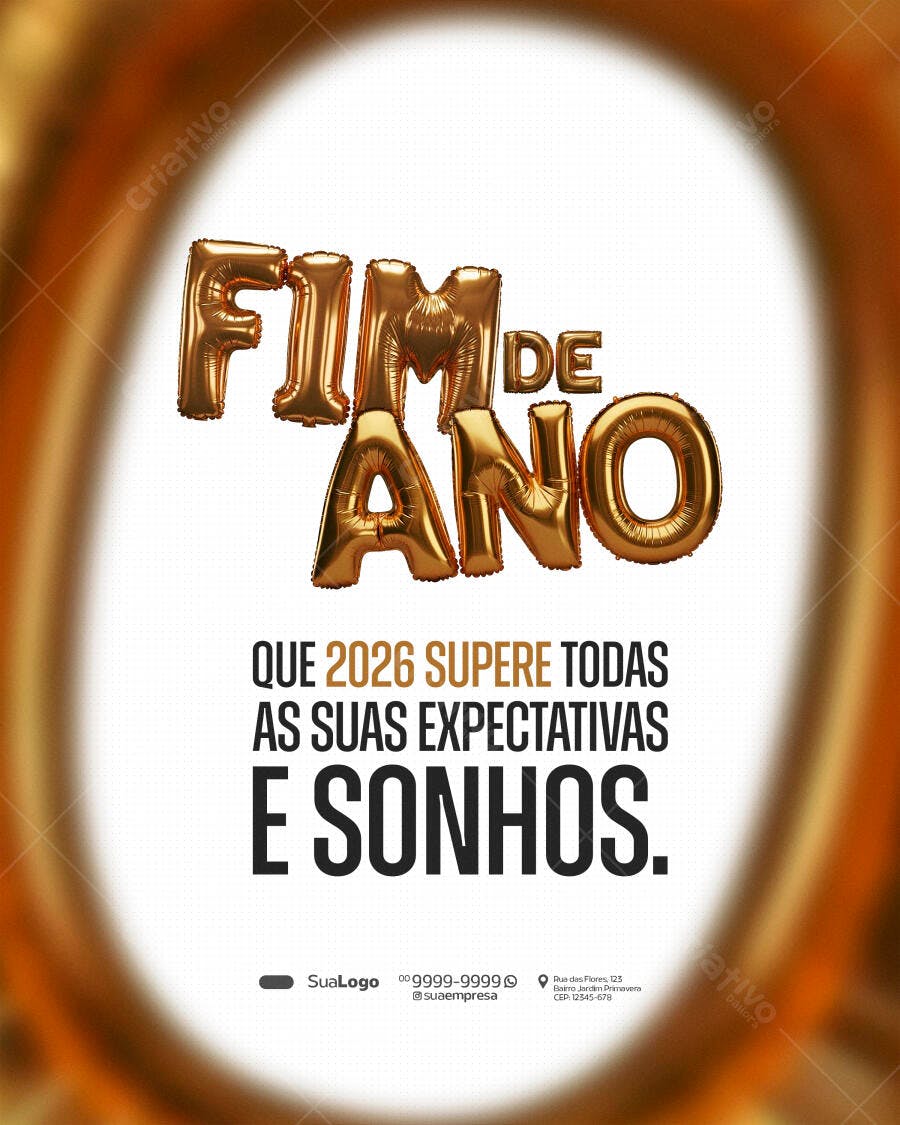 Flyer Fim de Ano e Ano Novo 2026 Balões Dourados PSD Editável