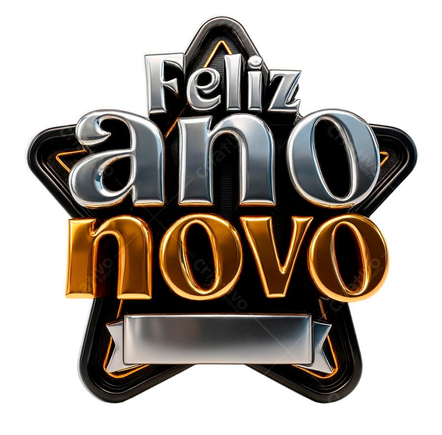Selo Feliz Ano Novo em estrela 3D metálico prata e dourado PNG com fundo transparente