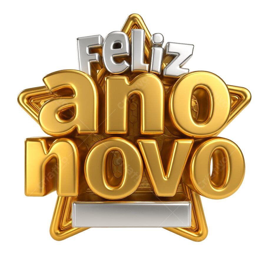 Elemento 3D Feliz Ano Novo dourado e prata sobre estrela PNG com fundo transparente