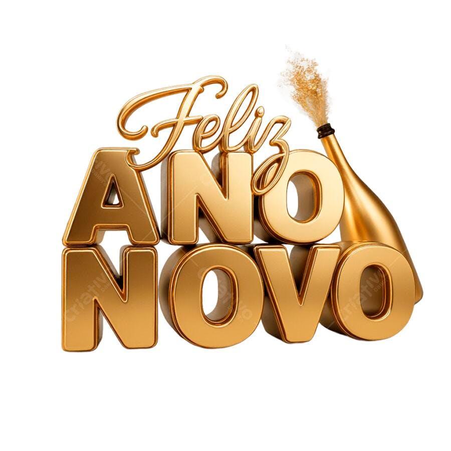 Mensagem Feliz Ano Novo Dourado com Garrafa Champanhe PNG com fundo transparente