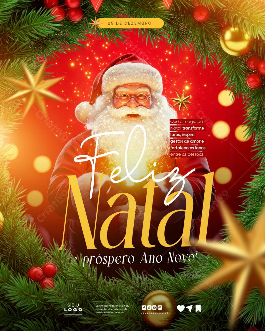 Post de Feliz Natal e Ano Novo com Papai Noel PSD Editável