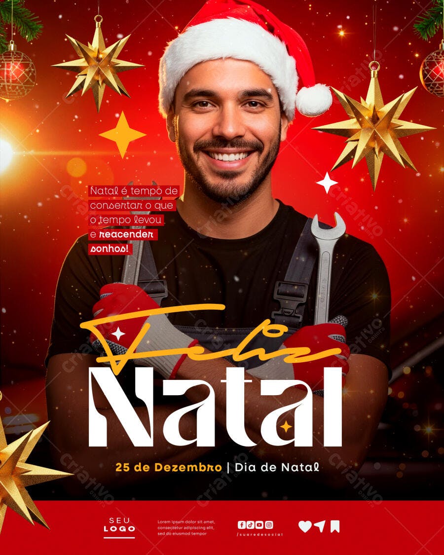 Post Natalino com Mecânico Sorridente Feliz Natal PSD Editável