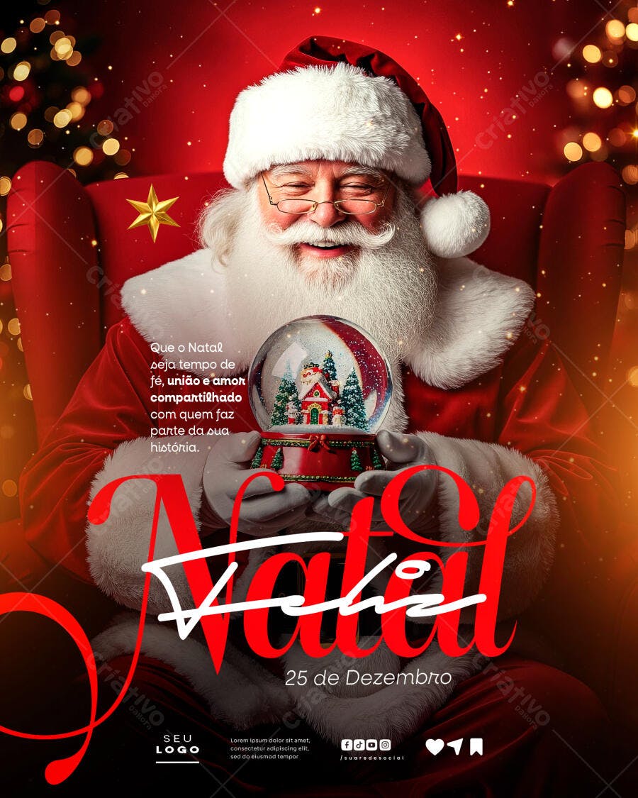 Flyer Natalino Papai Noel e Globo de Neve PSD Editável